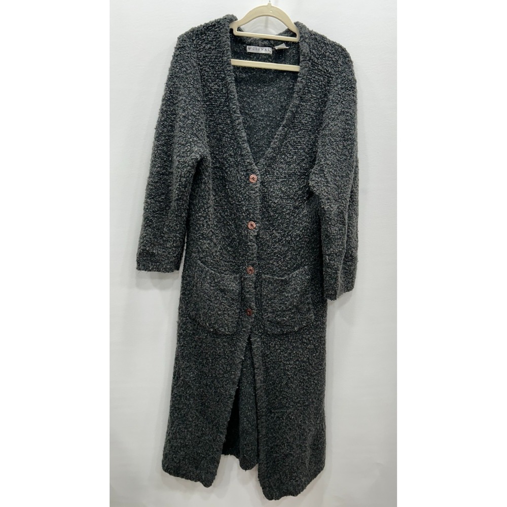 Cignal Womens XL Cardigan Duster‎ Gray Button Front Wool Blend Lagenlook Chunky